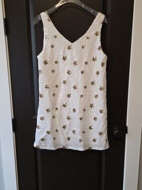 Dee Elly White Sequin Dress with Gold Stars
